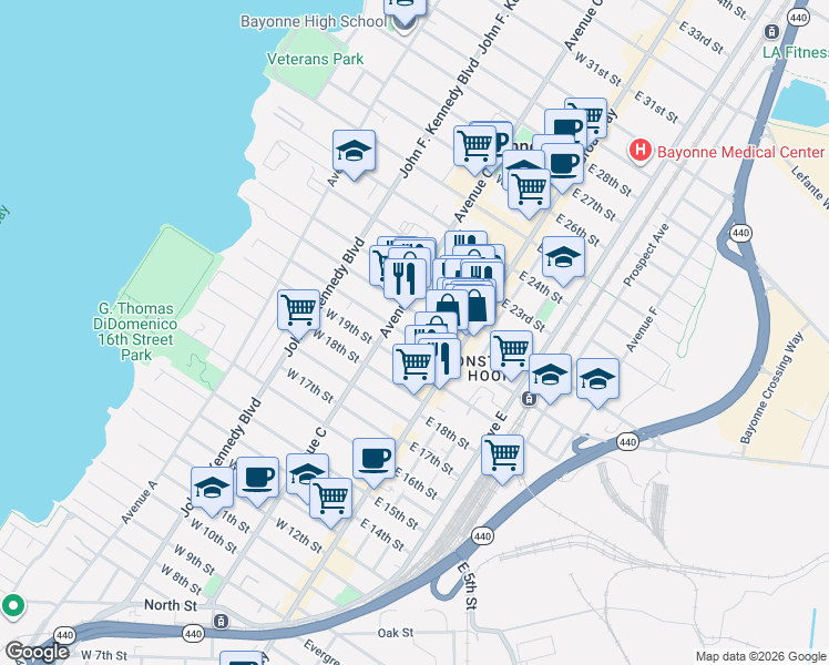 map of restaurants, bars, coffee shops, grocery stores, and more near 39-41 East 21st Street in Bayonne