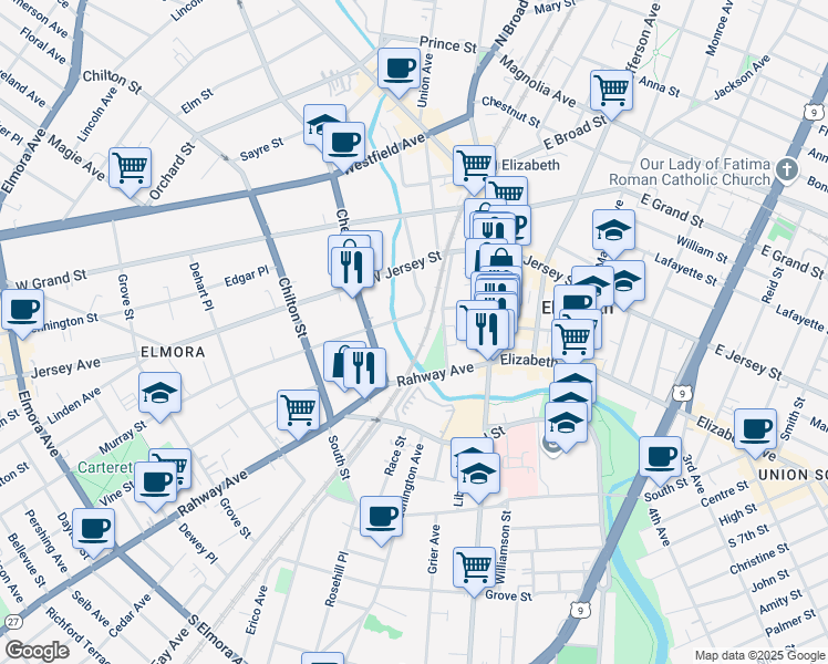 map of restaurants, bars, coffee shops, grocery stores, and more near 57-77 Murray Street in Elizabeth