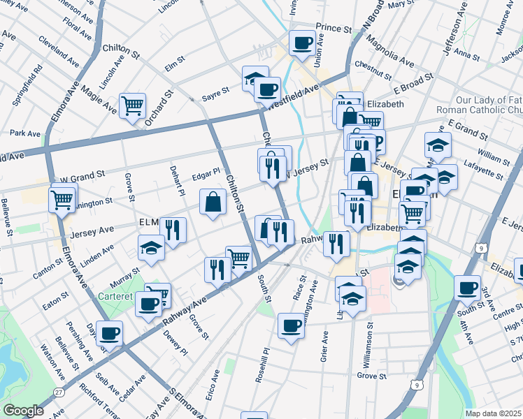 map of restaurants, bars, coffee shops, grocery stores, and more near 120 West Jersey Street in Elizabeth