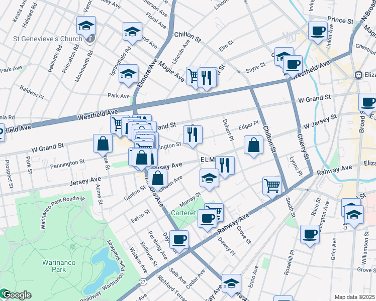map of restaurants, bars, coffee shops, grocery stores, and more near 140 Grove Street in Elizabeth