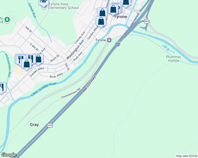 map of restaurants, bars, coffee shops, grocery stores, and more near Interstate 99 in Tyrone