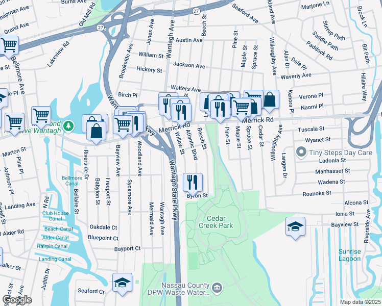 map of restaurants, bars, coffee shops, grocery stores, and more near 2324 Atlantic Boulevard in Wantagh