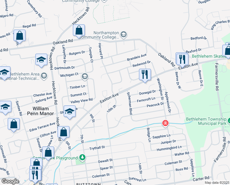 map of restaurants, bars, coffee shops, grocery stores, and more near 3241 Harvard Place in Bethlehem