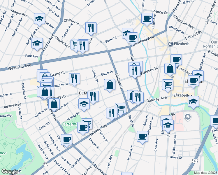 map of restaurants, bars, coffee shops, grocery stores, and more near 227 West Jersey Street in Elizabeth