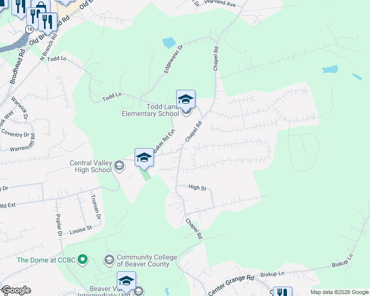 map of restaurants, bars, coffee shops, grocery stores, and more near 1086 Chapel Road in Monaca