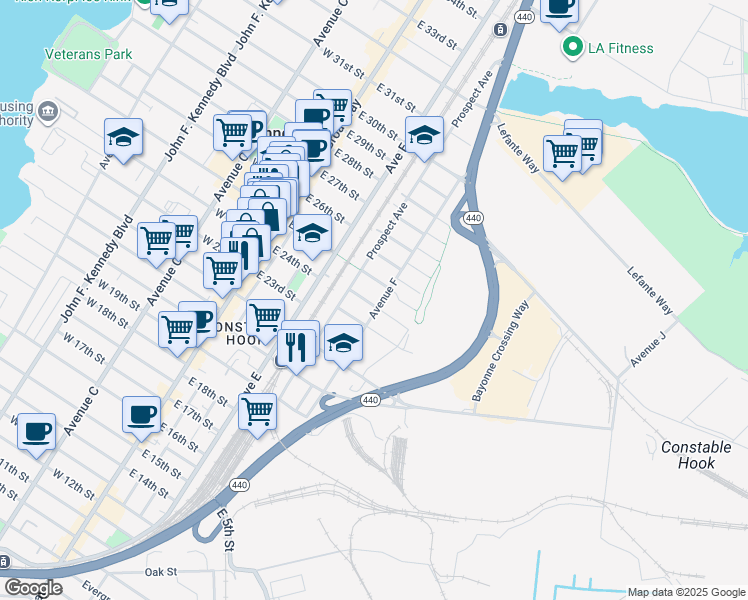 map of restaurants, bars, coffee shops, grocery stores, and more near 114 Prospect Avenue in Bayonne