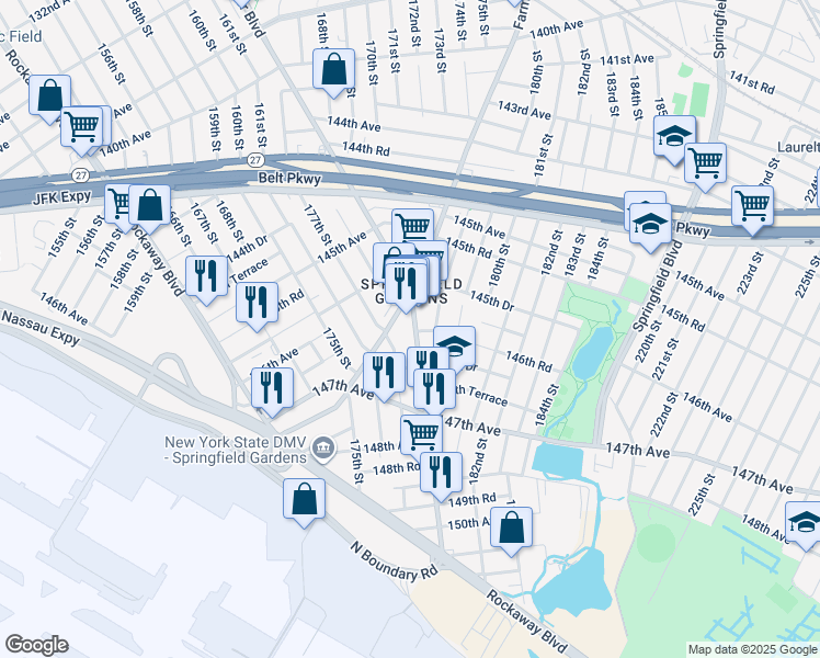 map of restaurants, bars, coffee shops, grocery stores, and more near 145 Guy R Brewer Boulevard in Queens
