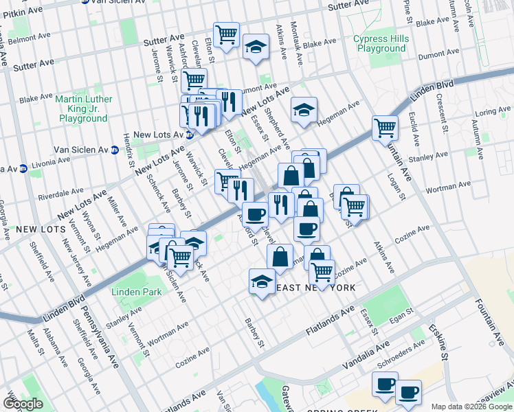 map of restaurants, bars, coffee shops, grocery stores, and more near 792 Elton Street in Brooklyn
