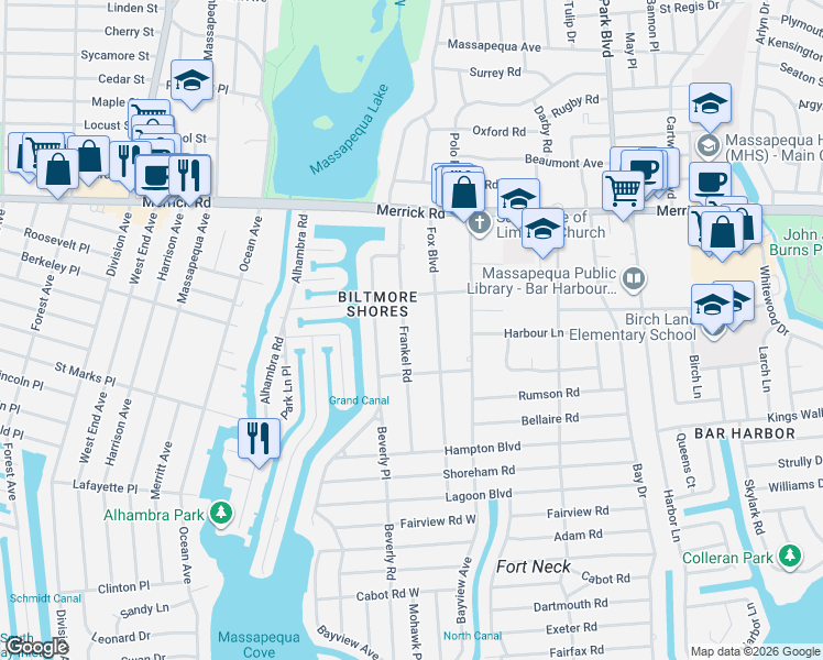 map of restaurants, bars, coffee shops, grocery stores, and more near 40 Frankel Road in Massapequa
