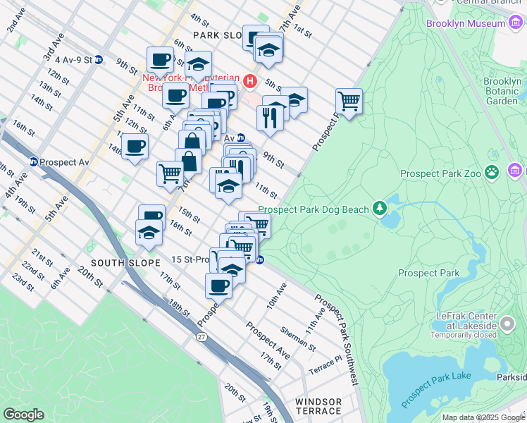 map of restaurants, bars, coffee shops, grocery stores, and more near 636 11th Street in Brooklyn