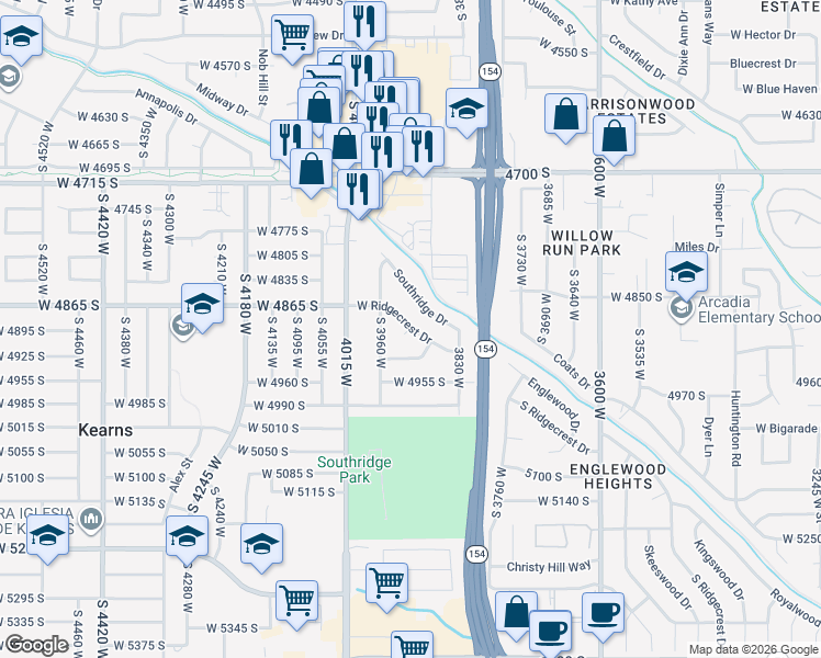 map of restaurants, bars, coffee shops, grocery stores, and more near 3492 Ridgecrest Circle in Salt Lake City