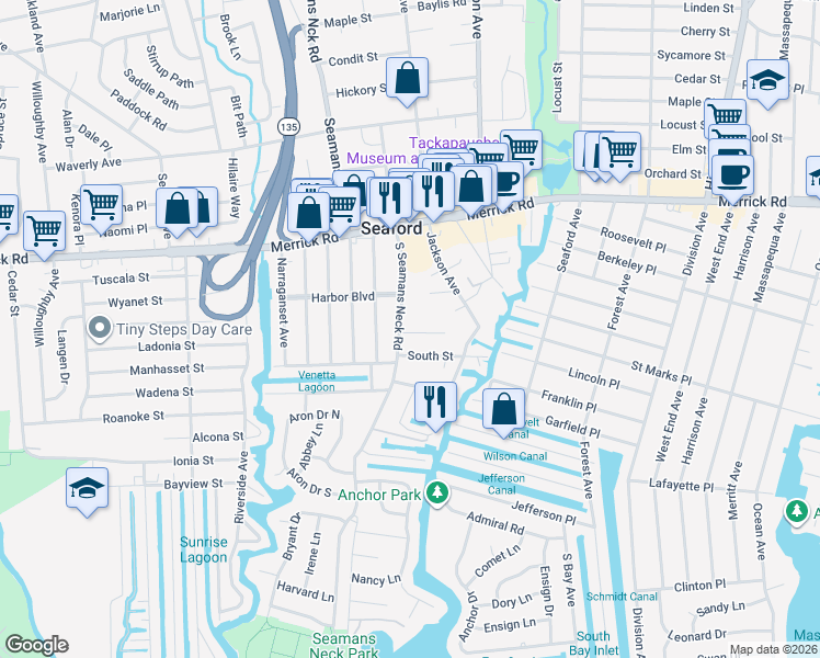 map of restaurants, bars, coffee shops, grocery stores, and more near 3901 Wansers Lane in Seaford