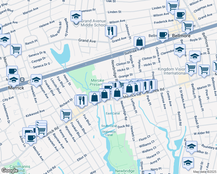 map of restaurants, bars, coffee shops, grocery stores, and more near 2 Ocean Avenue in Bellmore