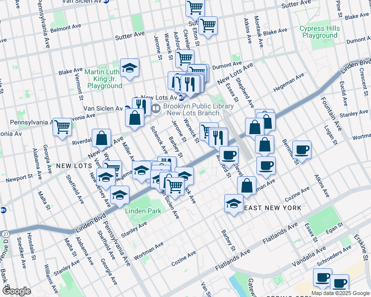 map of restaurants, bars, coffee shops, grocery stores, and more near 694 Jerome Street in Brooklyn