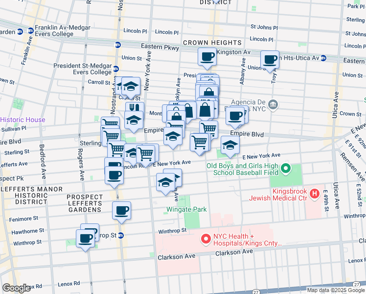map of restaurants, bars, coffee shops, grocery stores, and more near 461 Brooklyn Avenue in Brooklyn