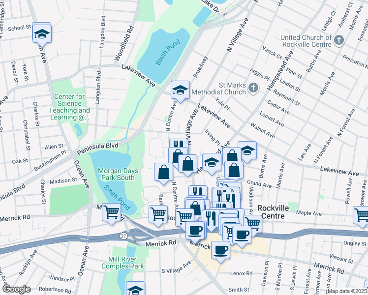map of restaurants, bars, coffee shops, grocery stores, and more near 195 North Village Avenue in Rockville Centre