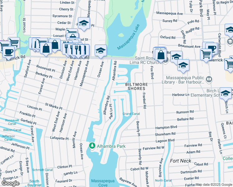 map of restaurants, bars, coffee shops, grocery stores, and more near 8 Granada Place in Massapequa