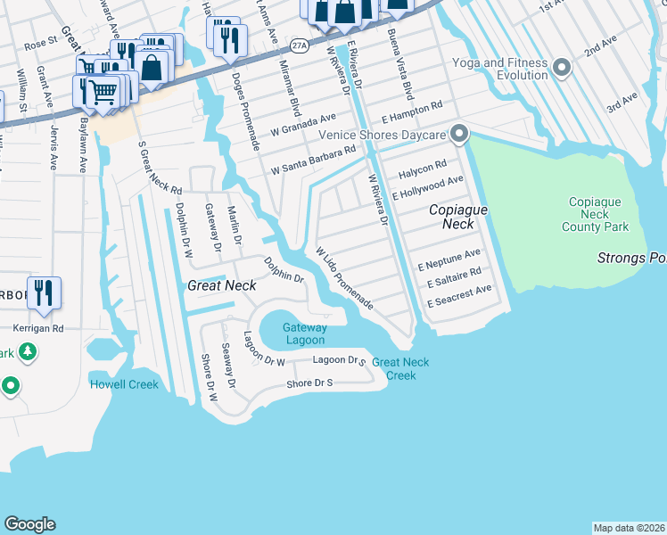 map of restaurants, bars, coffee shops, grocery stores, and more near 184 West Lido Promenade in Lindenhurst