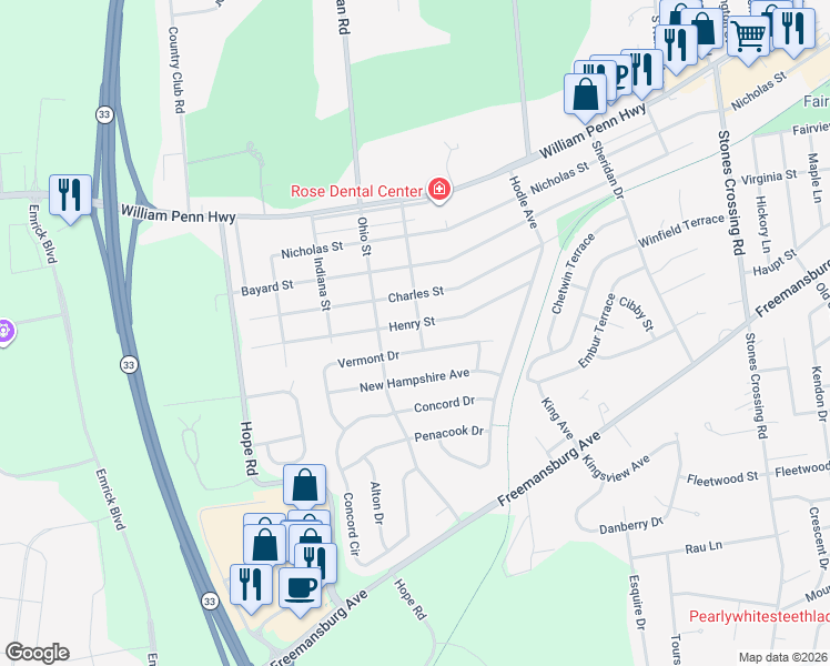 map of restaurants, bars, coffee shops, grocery stores, and more near 4615 Henry Street in Easton