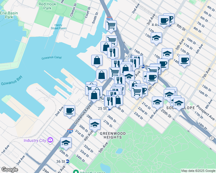 map of restaurants, bars, coffee shops, grocery stores, and more near 687 3rd Avenue in Brooklyn