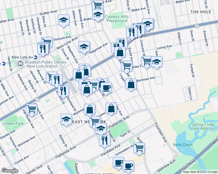 map of restaurants, bars, coffee shops, grocery stores, and more near 1000 Stanley Avenue in Brooklyn