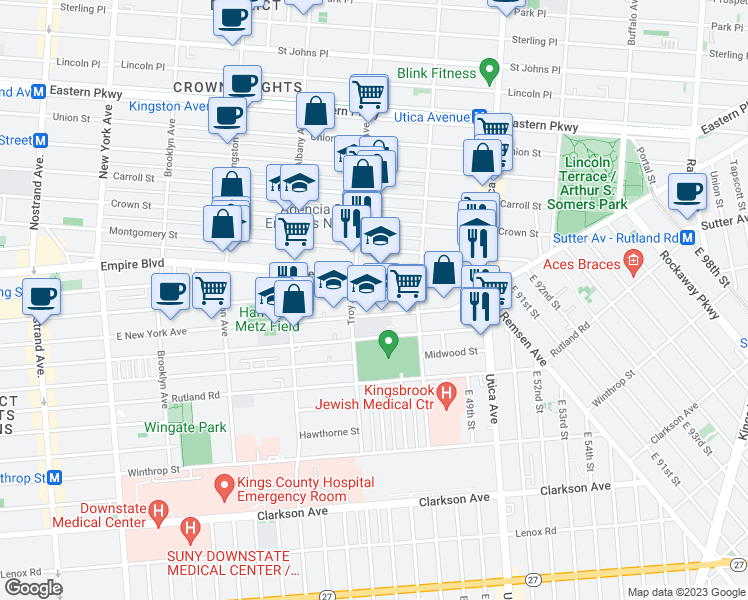 map of restaurants, bars, coffee shops, grocery stores, and more near 770 Empire Boulevard in Brooklyn