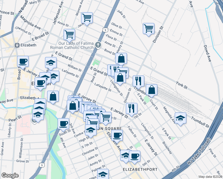 map of restaurants, bars, coffee shops, grocery stores, and more near 160 Smith Street in Elizabeth