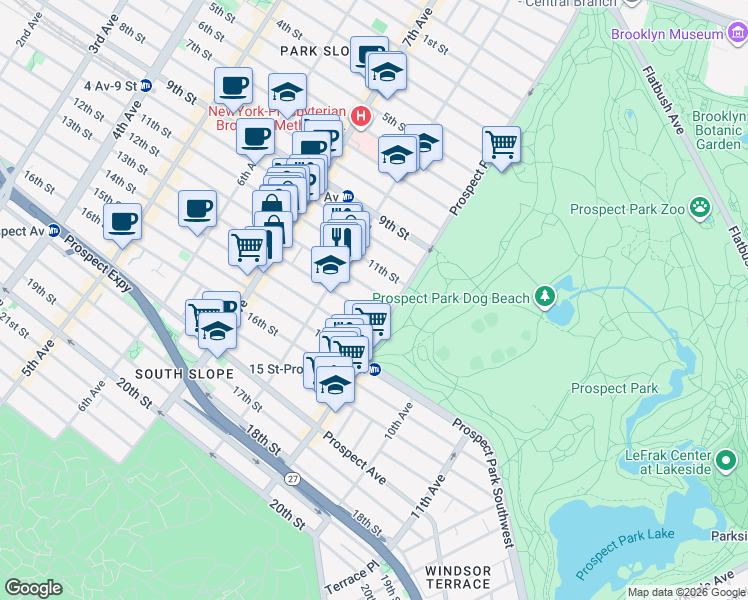 map of restaurants, bars, coffee shops, grocery stores, and more near 510 12th Street in Brooklyn