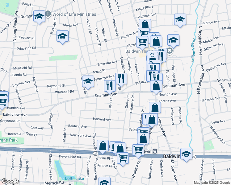 map of restaurants, bars, coffee shops, grocery stores, and more near 1933 Harte Street in Baldwin