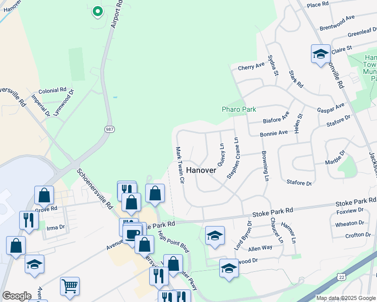 map of restaurants, bars, coffee shops, grocery stores, and more near 3619 Emerson Circle in Bethlehem