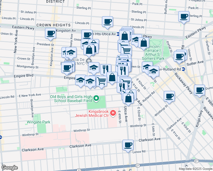 map of restaurants, bars, coffee shops, grocery stores, and more near 842 Lefferts Avenue in Brooklyn
