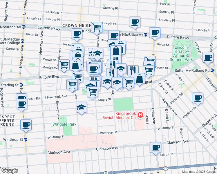 map of restaurants, bars, coffee shops, grocery stores, and more near 736 Empire Boulevard in Brooklyn