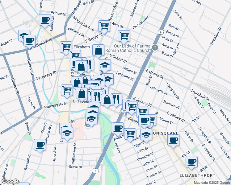 map of restaurants, bars, coffee shops, grocery stores, and more near 1034 East Jersey Street in Elizabeth