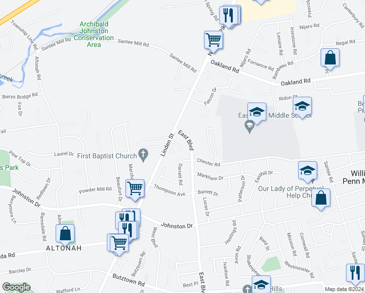 map of restaurants, bars, coffee shops, grocery stores, and more near 1461 Olivia Court in Bethlehem