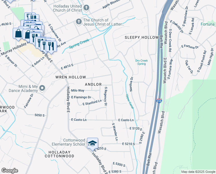 map of restaurants, bars, coffee shops, grocery stores, and more near 4893 South Regency Street in Holladay