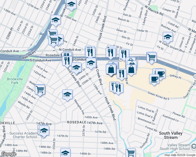 map of restaurants, bars, coffee shops, grocery stores, and more near 250-13 Hook Creek Boulevard in Queens