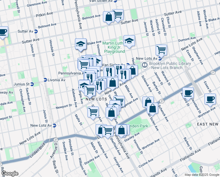 map of restaurants, bars, coffee shops, grocery stores, and more near 453 New Lots Avenue in Brooklyn