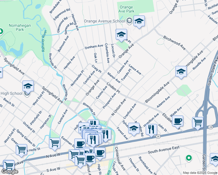 map of restaurants, bars, coffee shops, grocery stores, and more near 605 Linden Place in Cranford