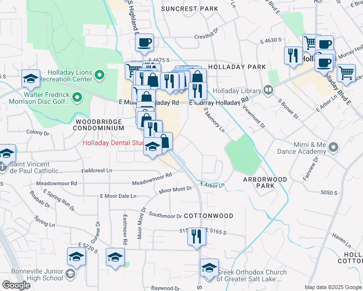 map of restaurants, bars, coffee shops, grocery stores, and more near 4835-4949 Highland Dr in Holladay