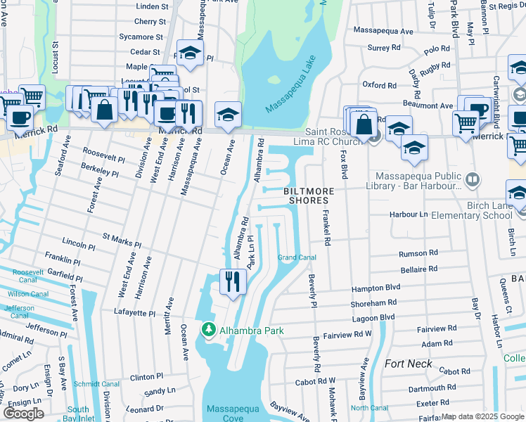map of restaurants, bars, coffee shops, grocery stores, and more near 8 Granada Place in Massapequa