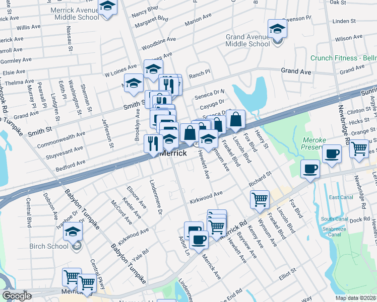 map of restaurants, bars, coffee shops, grocery stores, and more near 46 Sunrise Highway in Merrick