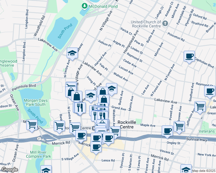 map of restaurants, bars, coffee shops, grocery stores, and more near 180 Lakeview Avenue in Rockville Centre