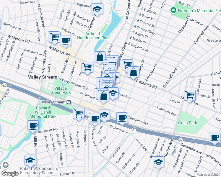 map of restaurants, bars, coffee shops, grocery stores, and more near 75 Rockaway Avenue in Valley Stream