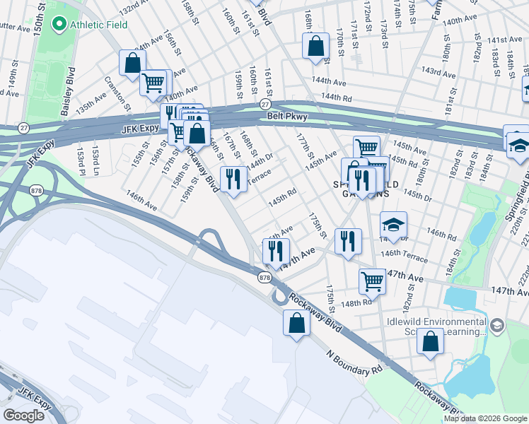 map of restaurants, bars, coffee shops, grocery stores, and more near 145-15 167th Street in Queens