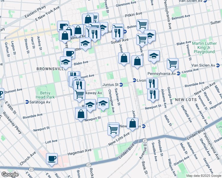 map of restaurants, bars, coffee shops, grocery stores, and more near 381 Livonia Avenue in Brooklyn