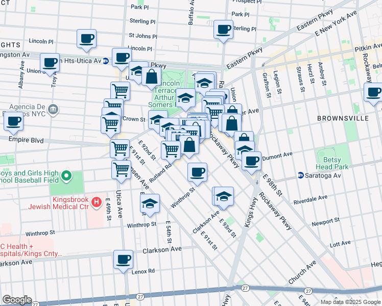map of restaurants, bars, coffee shops, grocery stores, and more near 80 East 95th Street in Brooklyn
