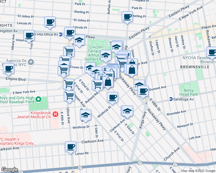 map of restaurants, bars, coffee shops, grocery stores, and more near 80 East 95th Street in Brooklyn