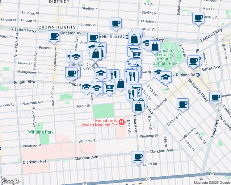 map of restaurants, bars, coffee shops, grocery stores, and more near 842 Lefferts Avenue in Brooklyn