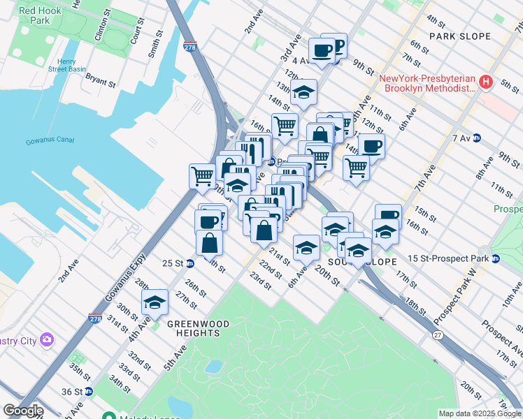 map of restaurants, bars, coffee shops, grocery stores, and more near 189 19th Street in Brooklyn
