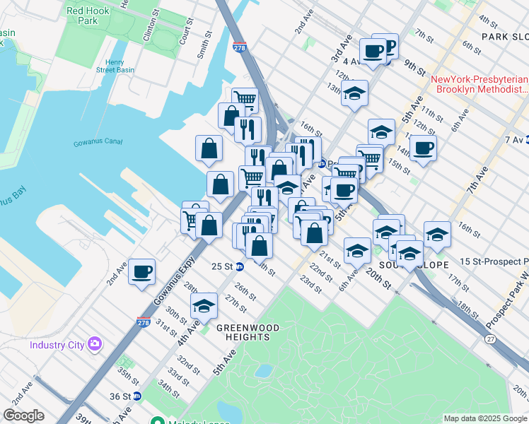 map of restaurants, bars, coffee shops, grocery stores, and more near 147 21st Street in Brooklyn